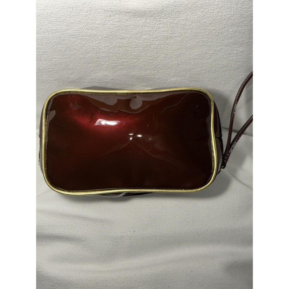 Avon Burgundy Glossy Plastic Makeup Bag Pouch w/ Zipper, Wrist Strap, Gold